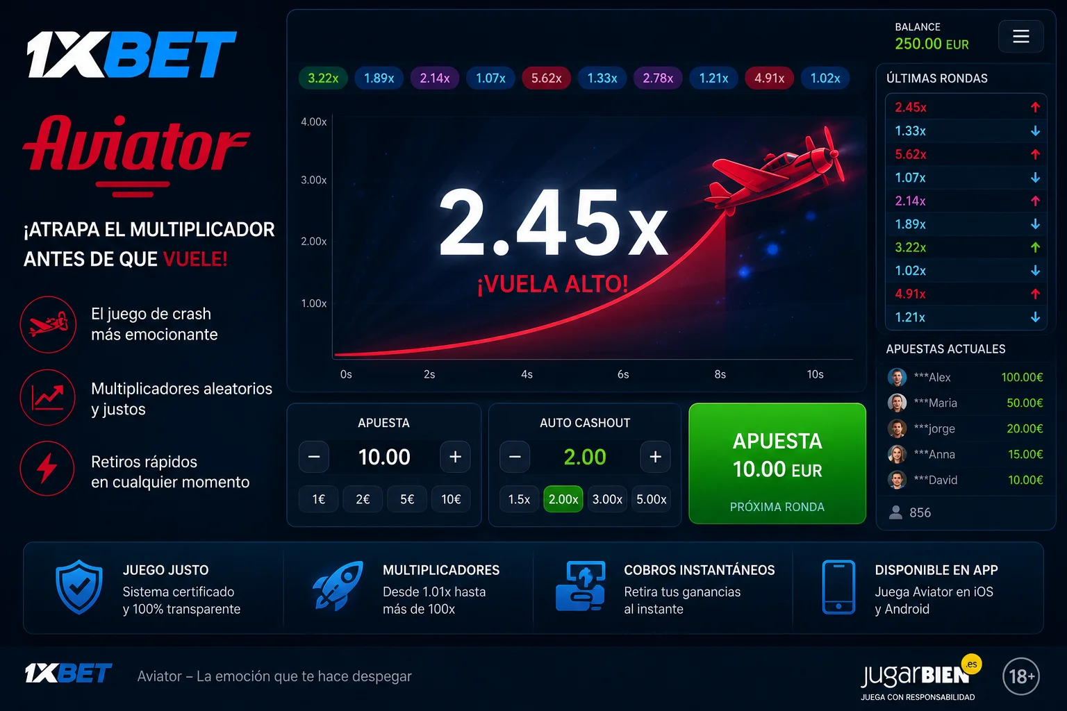 Partida real de Aviator en 1xBet con multiplicador 2,45x antes del cashout