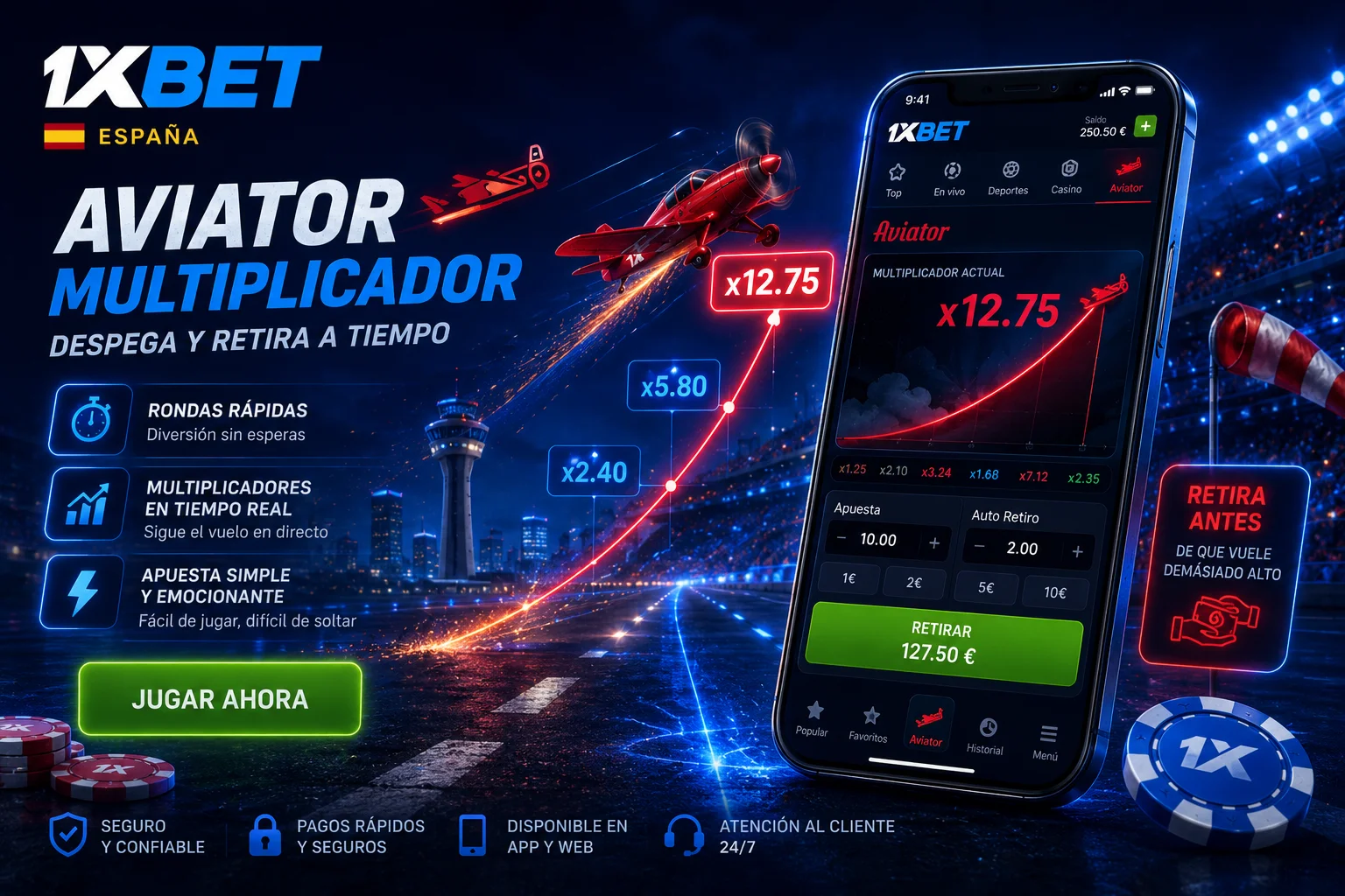 Aviator de Spribe en 1xBet con multiplicador